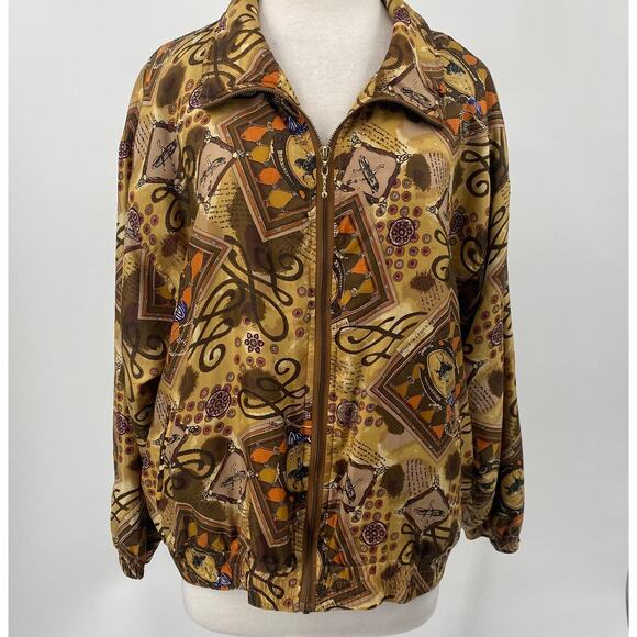 Vintage Equestrian Print Bomber Jacket Brown Tan Gold EUC Size L 100% Silk - Picture 5 of 12